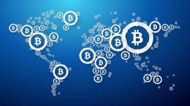 Bitcoin kavramı mavi arka plan ile modern dünya haritası