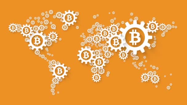 Weltkarte Mit Globalem Bitcoin Systemkonzept Auf Orangefarbenem Hintergrund — Stockvideo