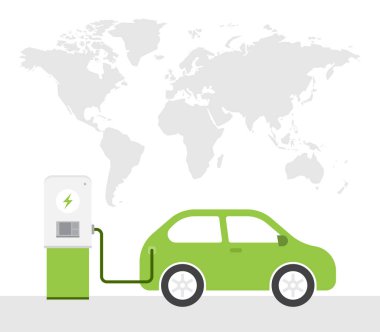 elektrik arabası şarj etme standı ve soyut dünya haritası arkaplan eko kavramı