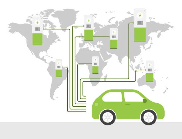 Mapa Świata Stacjami Ładowania Samochodów Elektrycznych Koncepcja Ekologicznej Energii — Wektor stockowy
