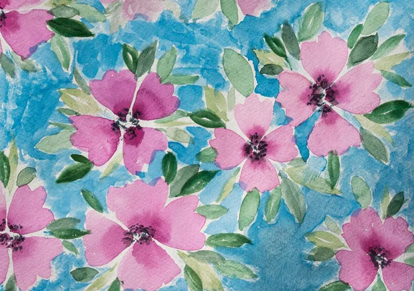 Echtes Aquarell Handgemacht Hausgemacht Frühlingsblumen Rosa Vor Blauem Himmel Als — Stockfoto