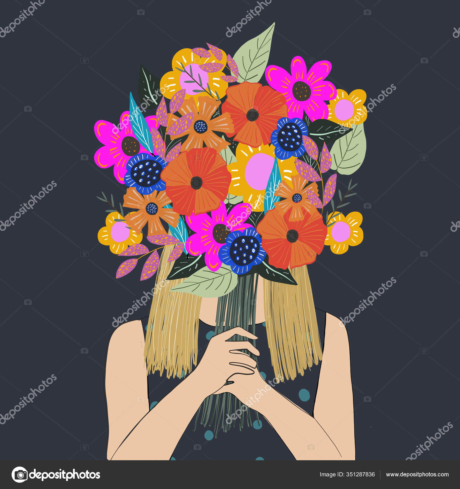 Ilustrasi Seorang Wanita Memegang Buket Bunga Yang Berwarna Warni Dan Stok Foto Miendienche 351287836