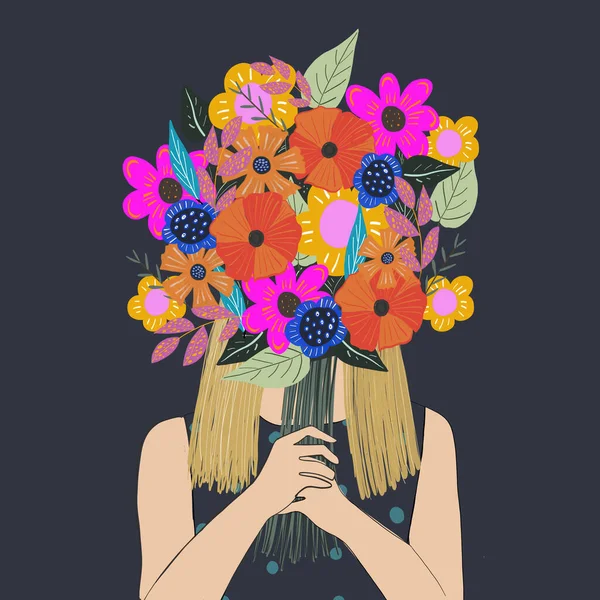 Illustration Einer Frau Die Einen Bunten Schönen Blumenstrauß Beiden Händen — Stockfoto