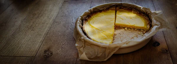 Panorama Details of French lemon tart, lemon cake. selective focus from a bird\'s eye view, copy space