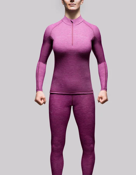 Unrecognizable Muscular Female Modern Thermal Pink Underwear Clenching Fists Standing — Stock Photo, Image