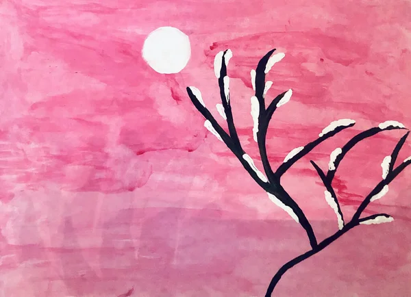 sun set Pink nature art painting with beautiful tree