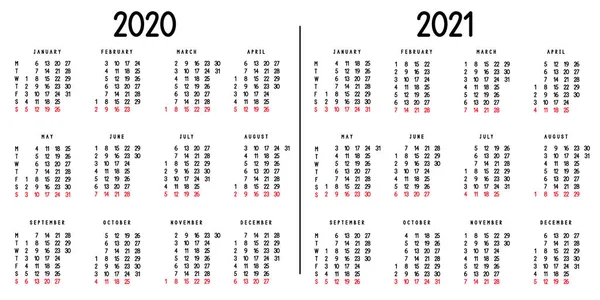 Calendar 2020 2021 Week Starts Monday Vector Illustration Stock Illustration
