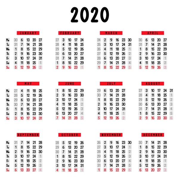Calendar 2020 Week Starts Monday Vector Illustration — Stock Vector