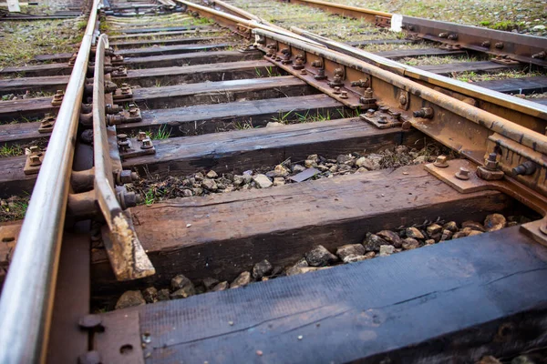 Старая Железная Дорога Деревянными Шпал Железнодорожным Переключателем — стоковое фото