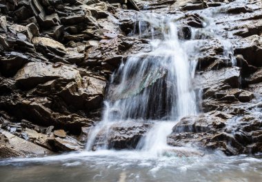 Dağ deresi. Taşlı yüzeydeki su akıntısı. Ukrayna Karpat Dağları. Yakın plan..
