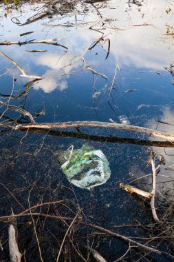 Çöp, ağaç dalları ve sudaki bulutların yansıması. Çevre kirliliği. Su kirliliği.