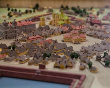 Old town scale model. Tiny houses, streets and trees.