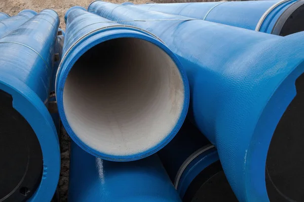 Stack New Blue Pipes Tubes Fluid Conveyance Pipeline Construction — Stock Photo, Image