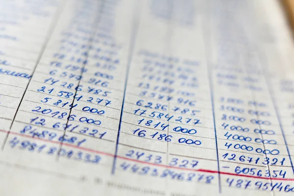 Arşivdeki eski kağıt belgeler. Muhasebe (muhasebe). El yazması hesaplamalar.