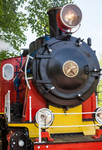 Old Soviet Steam Locomotive Blowing Steam Out Whistle — Stock Photo, Image