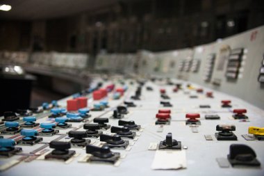 Control panel of the nuclear power plant. Close up.