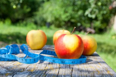 Taze elmalar ve mezura. Sağlıklı beslenme. Vitamin zindeliği diyeti.