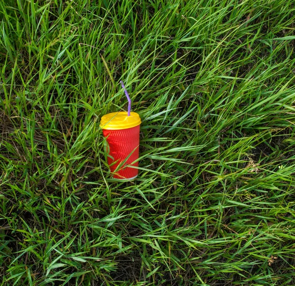 Bright red plastic cup with yellow lid and purple bendy drinking straw (tube) in the grass.