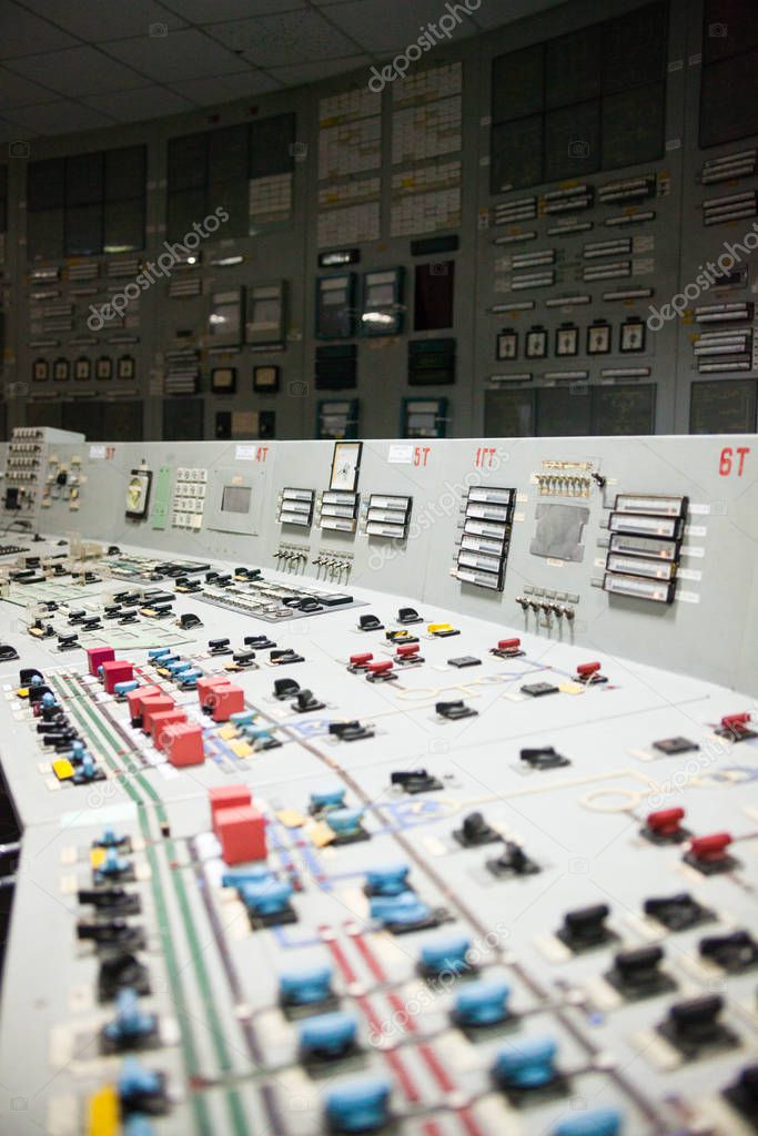 Control panel of the nuclear power plant. Close up.