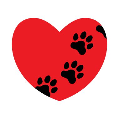 Pençe izli kırmızı kalp. Hayvanları sev (köpekler, kediler, evcil hayvanlar, vahşi hayvanlar). Evcil hayvanlar. Simge. İmzala. Vektör illüstrasyonu.