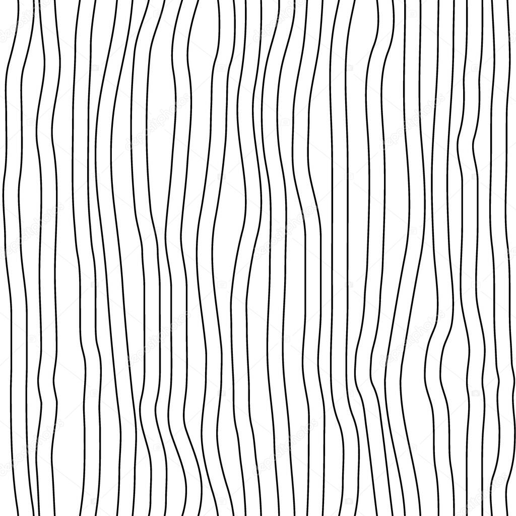 Hand drawn seamless striped black and white pattern. Curved vertical lines. Vector illustration.