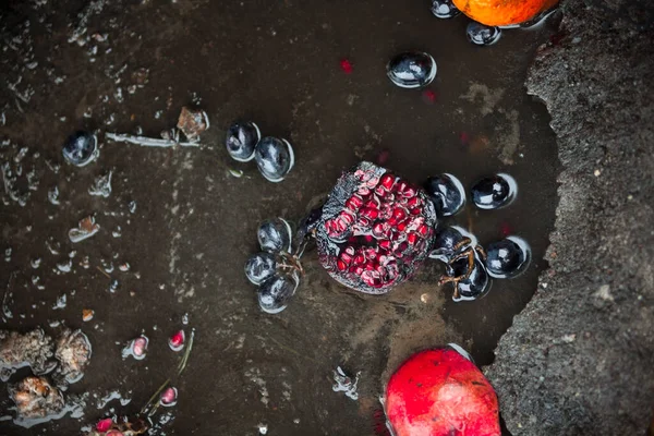 Rotten Pomegranates Grapes Puddle Spoilt Products — Stock Photo, Image