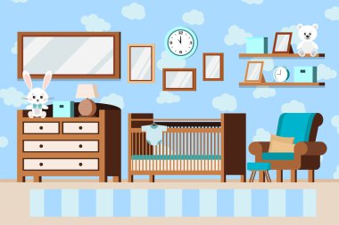 Samimi çocuğun bebek odasının arka planında karyola, lamba, raflar, tavşan ayı oyuncakları, posterler, tulum, halı, çalar saat, çizgi film tarzı çekmeceler. Vektör çocuklar sahne illüstrasyonu.