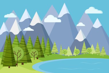 İlkbahar ya da yaz dağ manzarası göl suyu, yeşil ağaçlar, leylaklar, bulutlar, çimenler, düz çizgi film tarzında gökyüzü. Yaz vektörü doğa arkaplan illüstrasyonu.