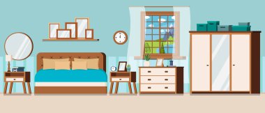 Bedroom with window view of summer day landscape.