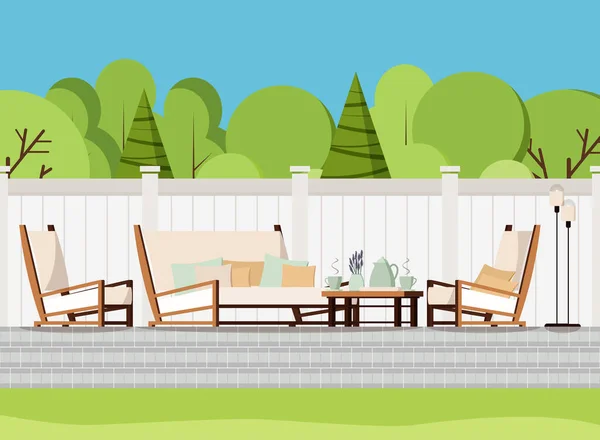 Rahatlatıcı veranda, özel bahçe avlusu dinlenme yeri açık arazi yumuşak kanepe, çay ve çiçeklerle dolu masa, koltuklar ve lambalar. — Stok Vektör