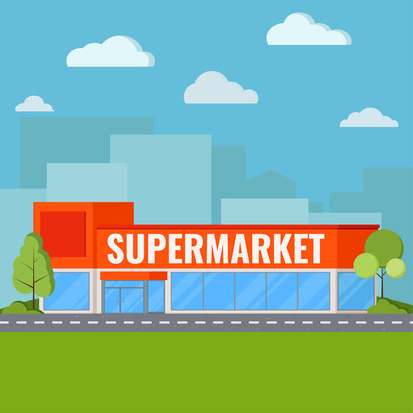 Современное здание супермаркета рядом с шоссе с кустами и деревьями, облака на голубом небе, зеленая трава на фоне городского пейзажа
.