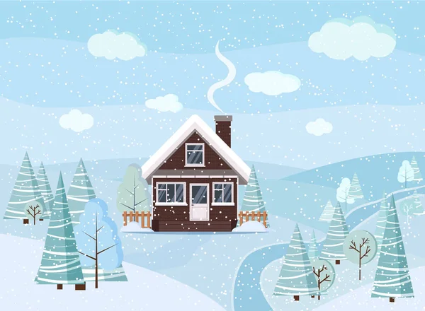 Winter besneeuwde landschap scène met bakstenen huis, winterbomen, sparren, wolken, rivier, sneeuw, velden in cartoon platte stijl, Kerst vector achtergrond illustratie. — Stockvector