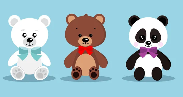 Set med isolerade söta eleganta semester nallar leksak med fluga i sittande pose brun björn, isbjörn, panda på blå bakgrund, vektor klipp konst tecknad karaktär illustration i platt stil. — Stock vektor