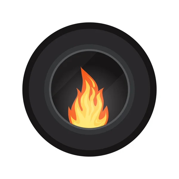 Icon round black modern electric or gas cozy fireburning fireplace isolated on white background, Heating system, Element of winter home interior scene design, Vector cartoon flat style illustration. — Stockvektor