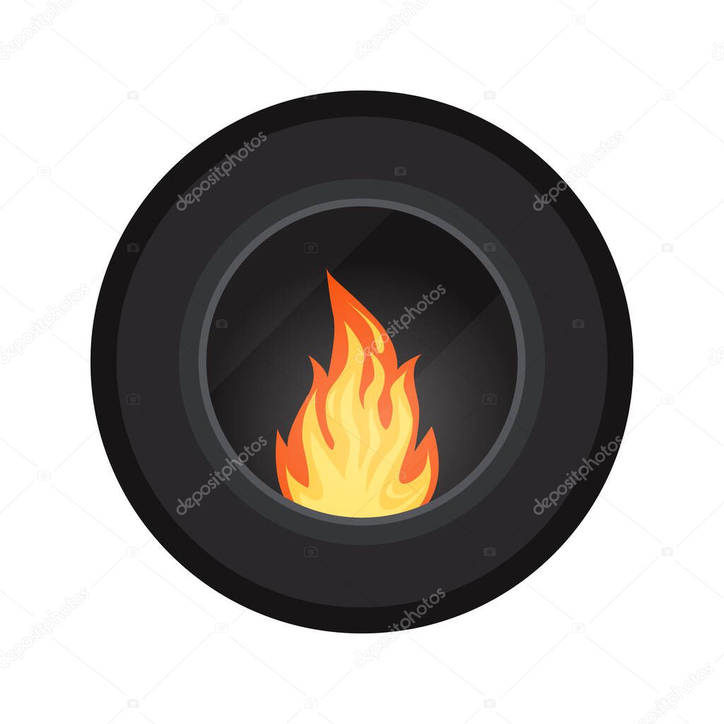 Icon round black modern electric or gas cozy fireburning fireplace isolated on white background, Heating system, Element of winter home interior scene design, Vector cartoon flat style illustration.