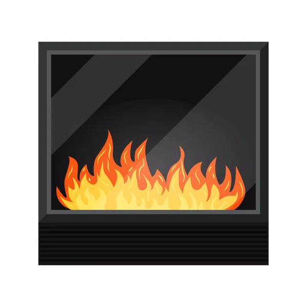 Icono de negro moderna chimenea de leña eléctrica o de gas acogedor aislado sobre fondo blanco, sistema de calefacción, elemento de diseño de la escena interior de invierno, ilustración vectorial en un estilo plano de dibujos animados . — Vector de stock