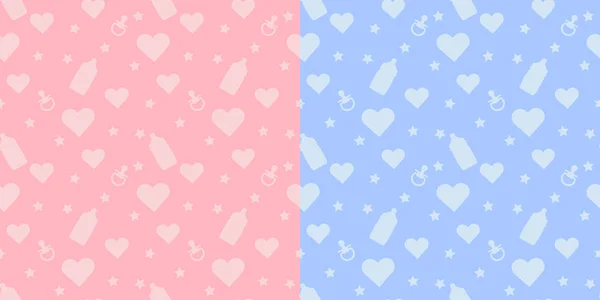 Definir crianças padrão sem costura vetor bonito com formas de mamadeira, chupeta, coração em fundo azul e rosa — Vetor de Stock
