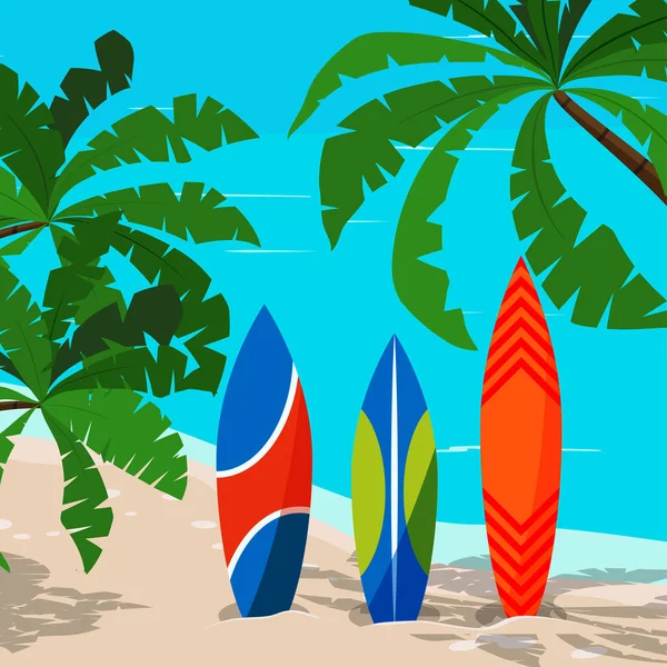 Bellissimo paesaggio marino con tavola da surf colorata oceano, palme, costa di sabbia . — Vettoriale Stock