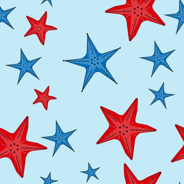 Векторный бесшовный рисунок с красными и голубыми морскими звёздами . — стоковый вектор