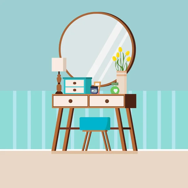 Ayna, sandalye, lamba, vazo, kutu ve kozmetik ile klasik kadın ahşap makyaj masası. — Stok Vektör
