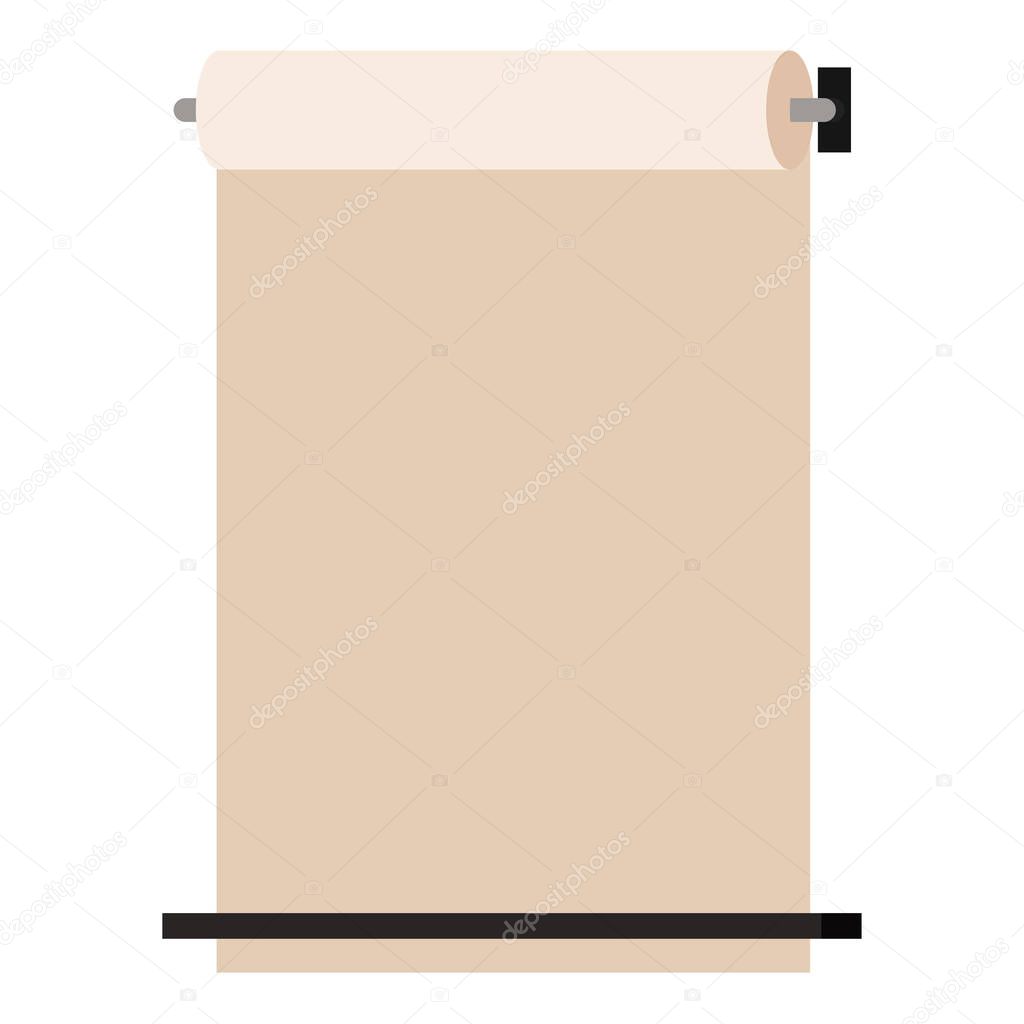 Wall mounted kraft paper roll up dispenser isolated on white background, Vector show display mockup banner flat cartoon style, Vertical notepad butcher paper roll, Vector design element illustration.