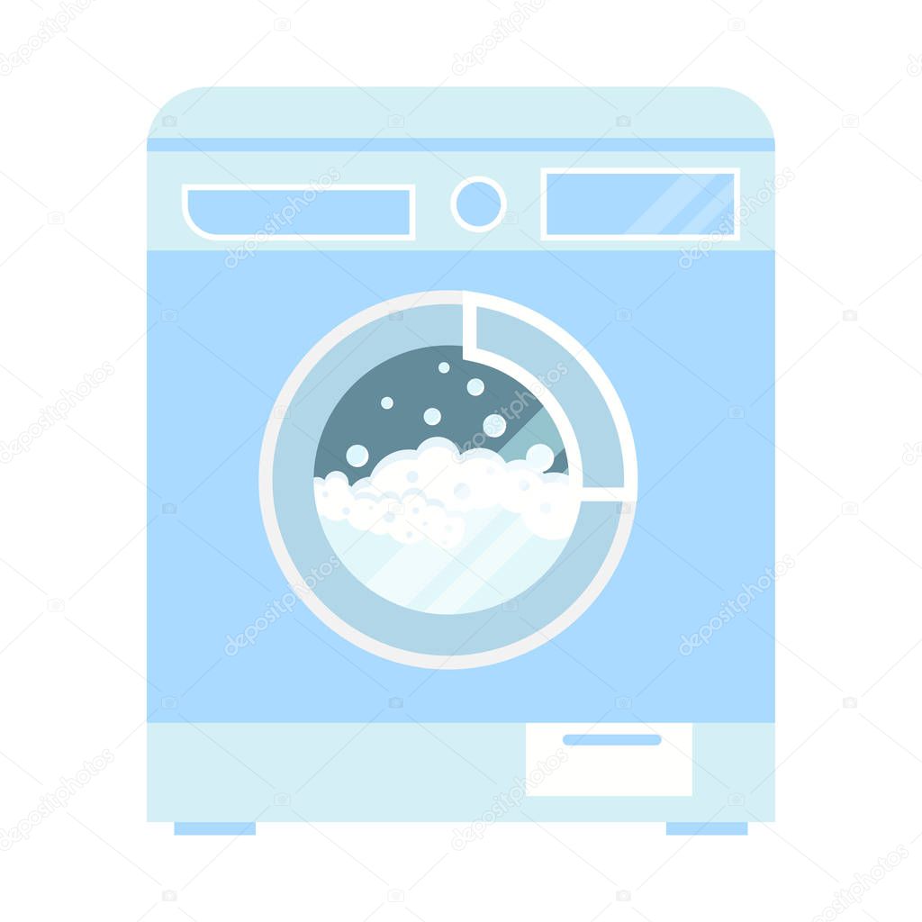 Vector clothes washer machine with foam and bubbles illustration isolated on white background. Home appliance laundry machine icon in blue colors. Flat cartoon style sign image.