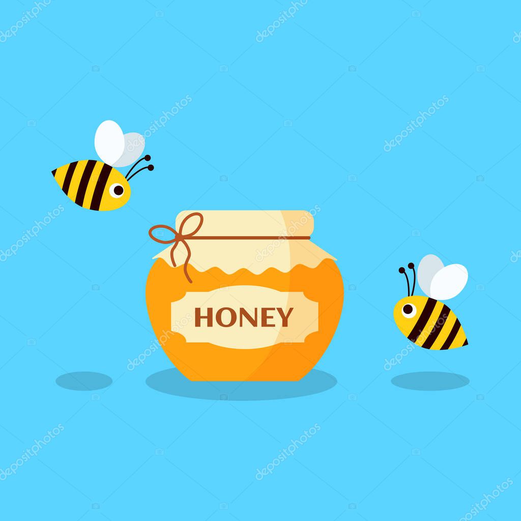 Vector cartoon bees flying around a brimful jar of fresh, sweet, healthy and delicious honey. Isolated icon on blue background. Vector clip art background illustration in flat style.