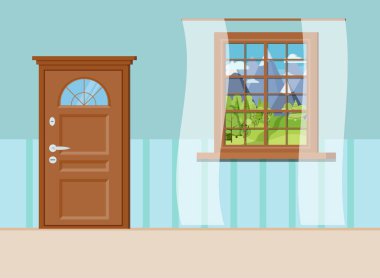Wooden closed entrance door with window and wooden window clipart