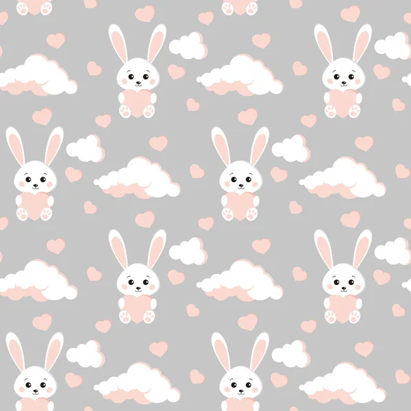 Векторний безшовний візерунок з милим кроликом білим кроликом, хмарами, рожевими серцями . — стоковий вектор