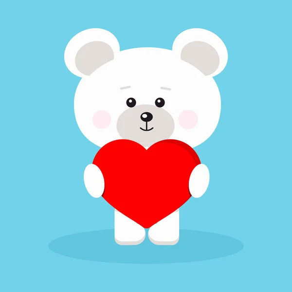 Isolerad romantisk söt och söt baby isbjörn med rött hjärta. — Stock vektor