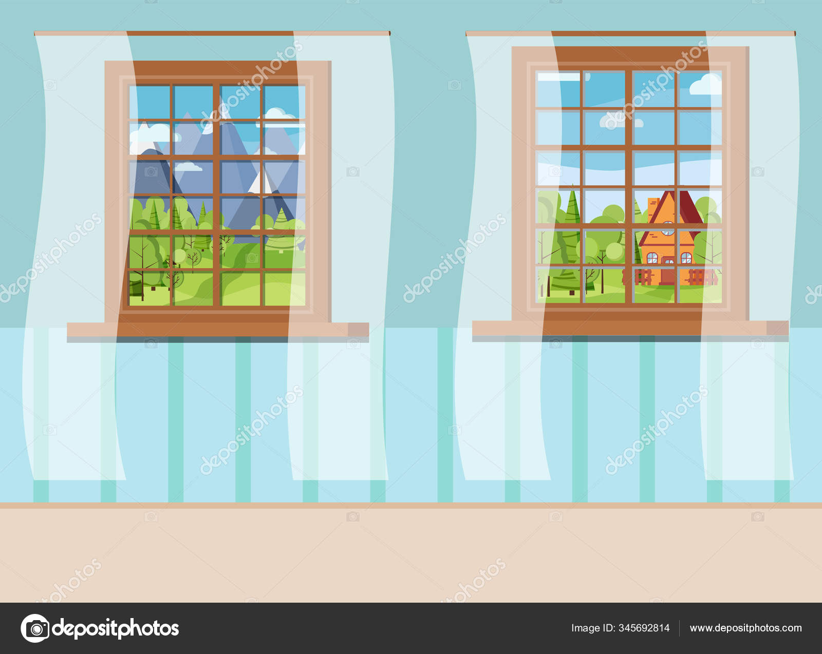 Set of cartoon wooden window view with white curtains in flat style. Stock  Vector Image by ©Baldezh #345692814