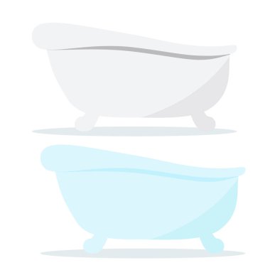 Beyaz arka planda gölgeli eski döküm demir beyaz ve mavi banyo simgeleri.