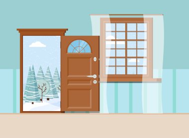 Kışlık orman manzaralı ahşap kapı ve pencere..