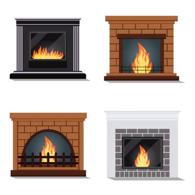 Vector set of isolated icons of cozy fireburning fireplace. clipart